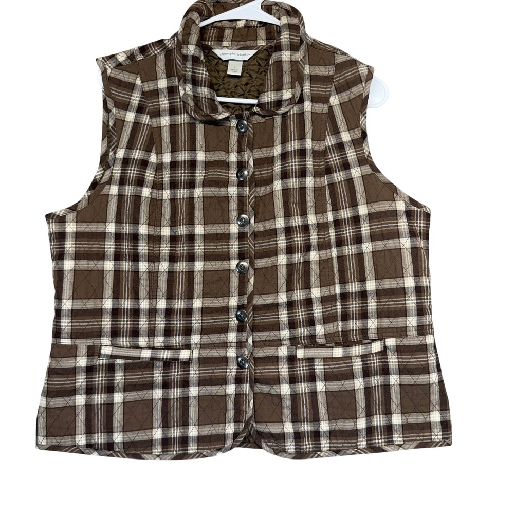 Christopher & Banks Vest Womens L Brown Plaid Quilted Snap Front Stand Collar